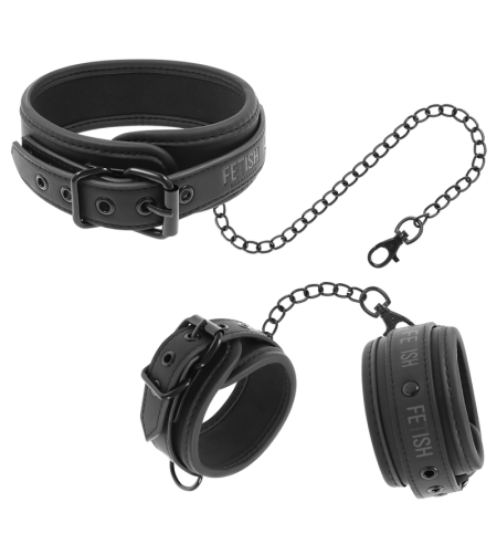 FETISH SUBMISSIVE - COLLIER ET MENOTTES EN CUIR VÉGAN AVEC DOUBLURE EN NOPRÈNE