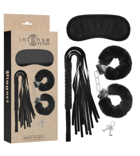 INTENSE - FETISH PLAYSET ÉROTIQUE 1 AVEC MENOTTES, MASQUE AVEUGLE ET FLOGGER