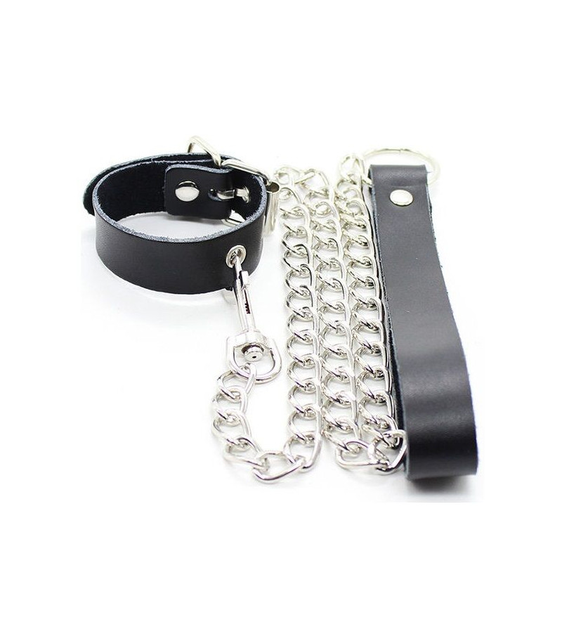 OHMAMA FETISH - COLLIER PÉNIS ET BRACELET EN CUIR AVEC CHAÎNE MÉTALLIQUE