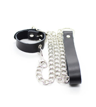 OHMAMA FETISH - COLLIER PÉNIS ET BRACELET EN CUIR AVEC CHAÎNE MÉTALLIQUE