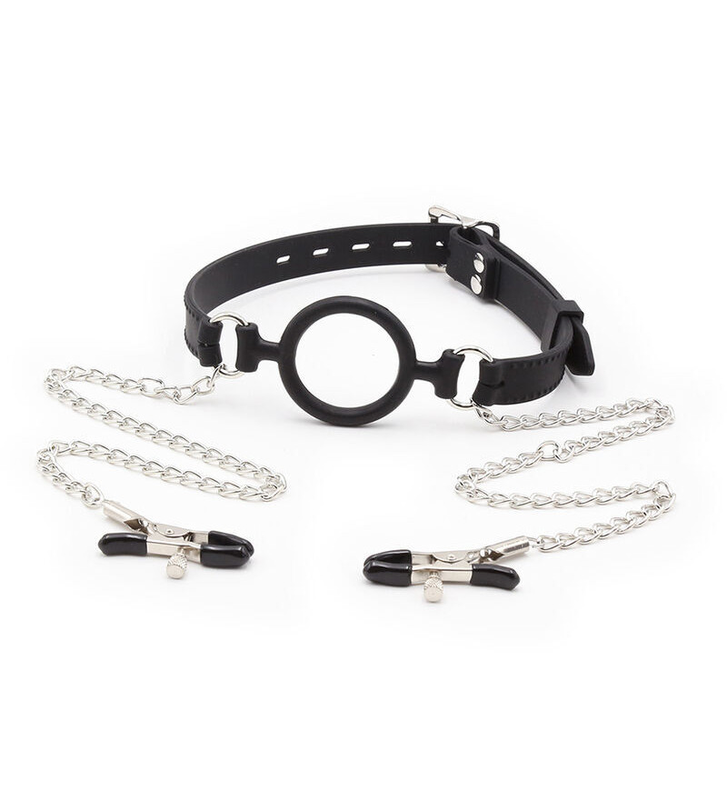 OHMAMA FETISH - RING GAG AVEC CHAÎNES ET PINCES À TÉLÉNOLS