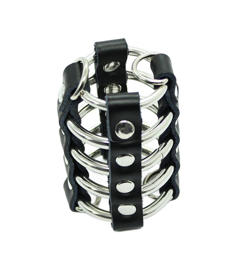 OHMAMA FETISH - CAGE  PÉNIS AVEC ANNEAUX MÉTALLIQUES ET SANGLE EN CUIR