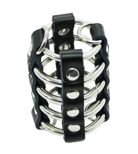 OHMAMA FETISH - CAGE  PÉNIS AVEC ANNEAUX MÉTALLIQUES ET SANGLE EN CUIR