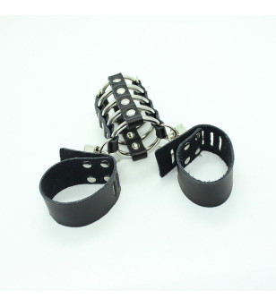 OHMAMA FETISH - CAGE  PÉNIS AVEC ANNEAUX MÉTALLIQUES ET SANGLE EN CUIR