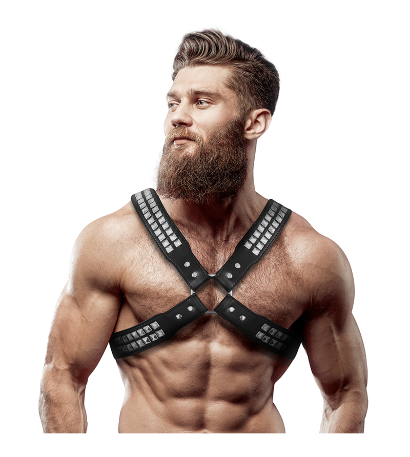 FETISH SUBMISSIVE ATTITUDE - HARNAIS EN CUIR ÉCOLOGIQUE POUR HOMMES  POITRINE CROISÉE AVEC RIVETS