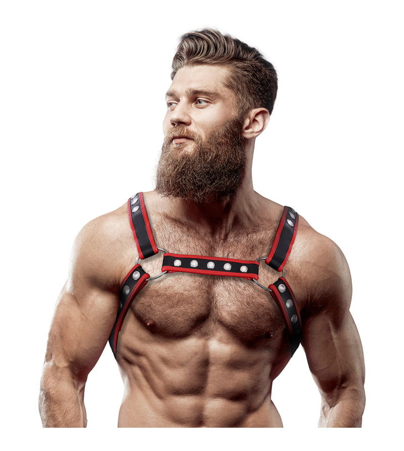 FETISH SUBMISSIVE ATTITUDE - HARNAIS DE POITRINE BULLDOG EN CUIR ÉCOLOGIQUE POUR HOMMES NOIR/ROUGE