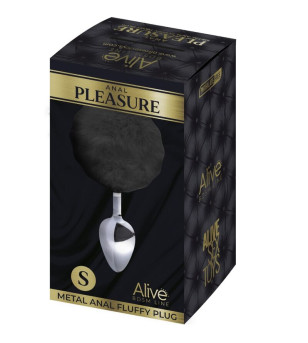 ALIVE - PLUG DE PLAISIR ANAL LISSE MÉTAL FLUFFY NOIR TAILLE S