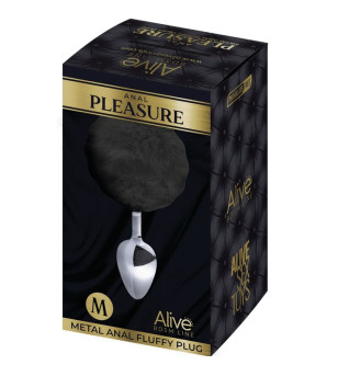 ALIVE - PLUG DE PLAISIR ANAL LISSE MÉTAL FLUFFY NOIR TAILLE M