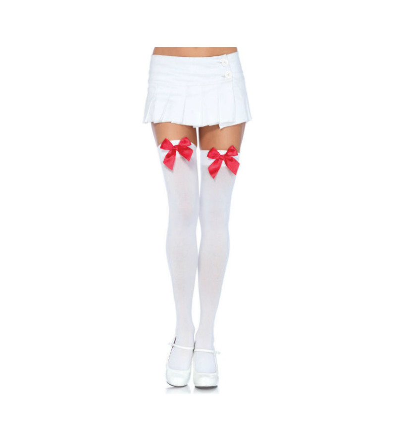 LEG AVENUE - CUISSES HAUTES EN NYLON AVEC NOEUD BLANC / ROUGE