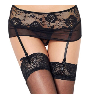 QUEEN LINGERIE - STRING AVEC JARRETIÈRE BRODÉE FLEURIE S/M