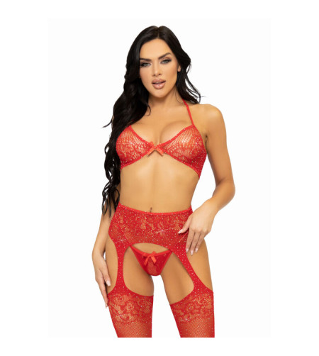 LEG AVENUE - ENSEMBLE TROIS PIÈCES SOUTIEN-GORGE, STRING ET BAS TAILLE UNIQUE - ROUGE