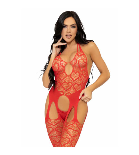 LEG AVENUE - BODYSTOCKING  JARRETELLES EN FILET TAILLE UNIQUE - ROUGE