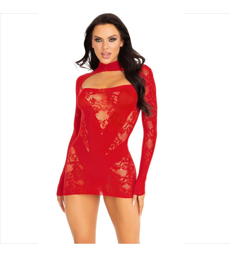 LEG AVENUE - MINI ROBE AVEC DENTELLE MANCHES LONGUES ROUGE