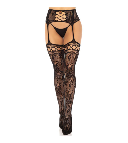 LEG AVENUE - BAS JARRETIÈRE DENTELLE FLORALE NOIR