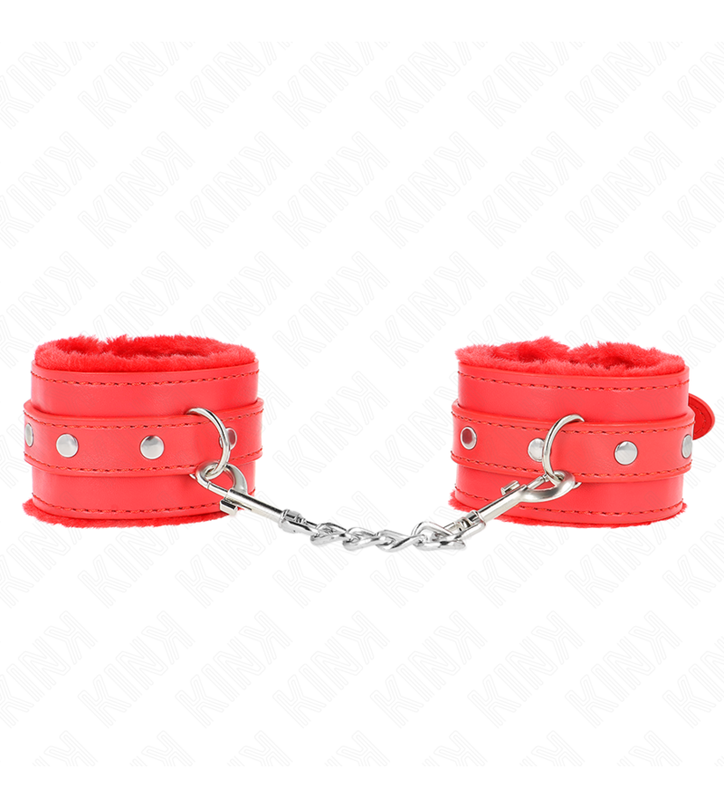 KINK - APPUI-POIGNETS DOUBLÉS DE FOURRURE PREMIUM ROUGE AVEC CEINTURE ROUGE RÉGLABLE 17-29 CM X 6 CM