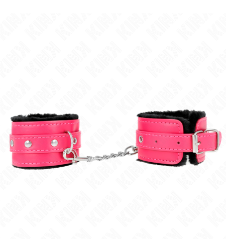 KINK - APPUI-POIGNETS DOUBLÉS DE FOURRURE PREMIUM NOIR AVEC CEINTURE ROSE FRAMBOISE AJUSTABLE 17-29 CM X 6 CM