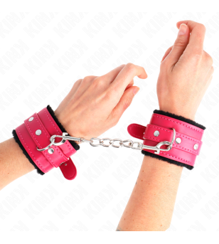 KINK - APPUI-POIGNETS DOUBLÉS DE FOURRURE PREMIUM NOIR AVEC CEINTURE ROSE FRAMBOISE AJUSTABLE 17-29 CM X 6 CM