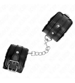 KINK - APPUI-POIGNETS DOUBLÉS DE FOURRURE PREMIUM NOIR AVEC CEINTURE NOIRE RÉGLABLE 17-29 CM X 6 CM