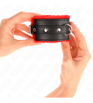KINK - APPUI-POIGNETS DOUBLÉS DE FOURRURE PREMIUM ROUGE AVEC CEINTURE NOIRE RÉGLABLE 17-29 CM X 6 CM