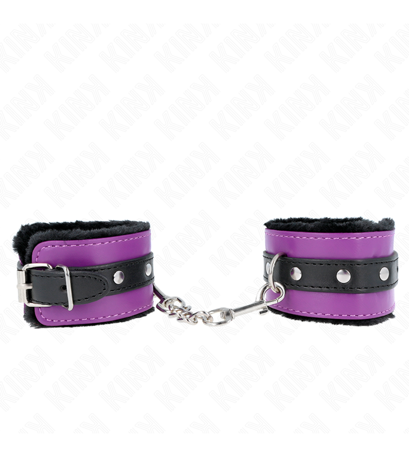 KINK - APPUI-POIGNETS DOUBLÉS DE FOURRURE PREMIUM NOIR AVEC CEINTURE VIOLET / NOIRE RÉGLABLE 17-29 CM X 6 CM