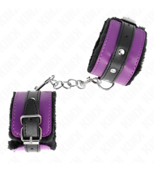 KINK - APPUI-POIGNETS DOUBLÉS DE FOURRURE PREMIUM NOIR AVEC CEINTURE VIOLET / NOIRE RÉGLABLE 17-29 CM X 6 CM