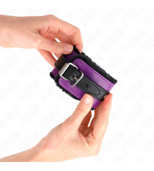 KINK - APPUI-POIGNETS DOUBLÉS DE FOURRURE PREMIUM NOIR AVEC CEINTURE VIOLET / NOIRE RÉGLABLE 17-29 CM X 6 CM
