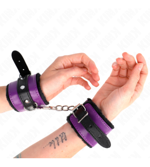 KINK - APPUI-POIGNETS DOUBLÉS DE FOURRURE PREMIUM NOIR AVEC CEINTURE VIOLET / NOIRE RÉGLABLE 17-29 CM X 6 CM