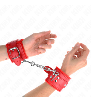KINK - APPUI-POIGNETS DOUBLÉS DE FOURRURE ROUGE AVEC CEINTURE ROUGE RÉGLABLE 17-29 CM X 6 CM