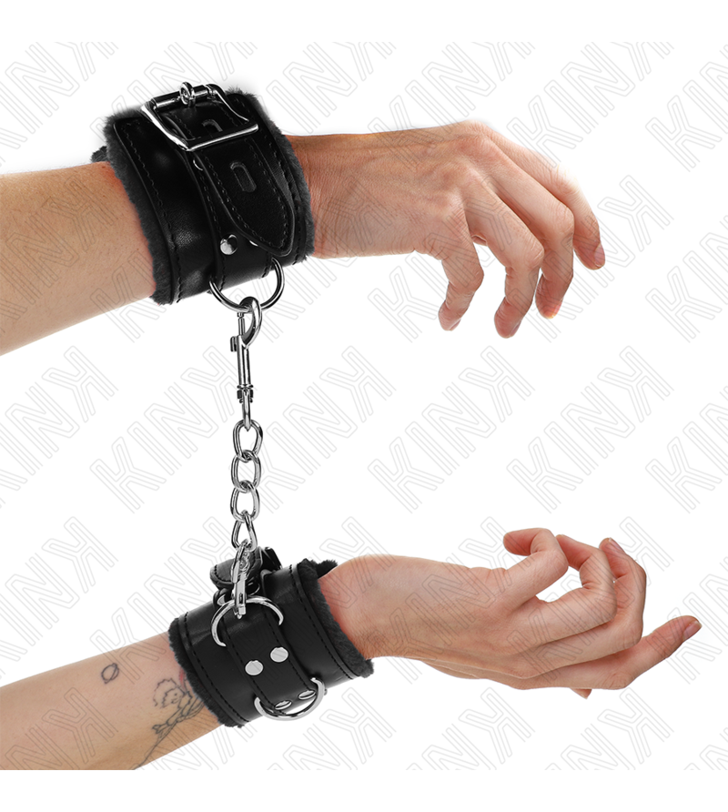 KINK - APPUI-POIGNETS DOUBLÉS DE FOURRURE NOIR AVEC CEINTURE NOIRE RÉGLABLE 17-29 CM X 6 CM