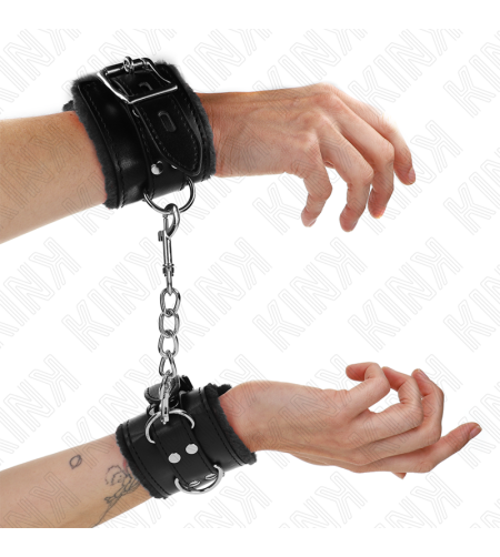 KINK - APPUI-POIGNETS DOUBLÉS DE FOURRURE NOIR AVEC CEINTURE NOIRE RÉGLABLE 17-29 CM X 6 CM