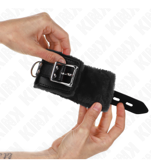 KINK - APPUI-POIGNETS DOUBLÉS DE FOURRURE NOIR AVEC CEINTURE NOIRE RÉGLABLE 17-29 CM X 6 CM