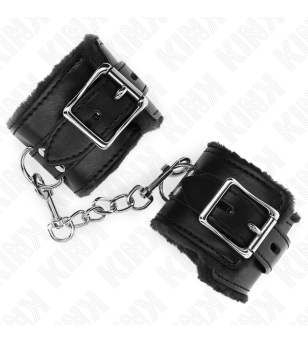 KINK - APPUI-POIGNETS DOUBLÉS DE FOURRURE NOIR AVEC CEINTURE NOIRE RÉGLABLE 17-29 CM X 6 CM
