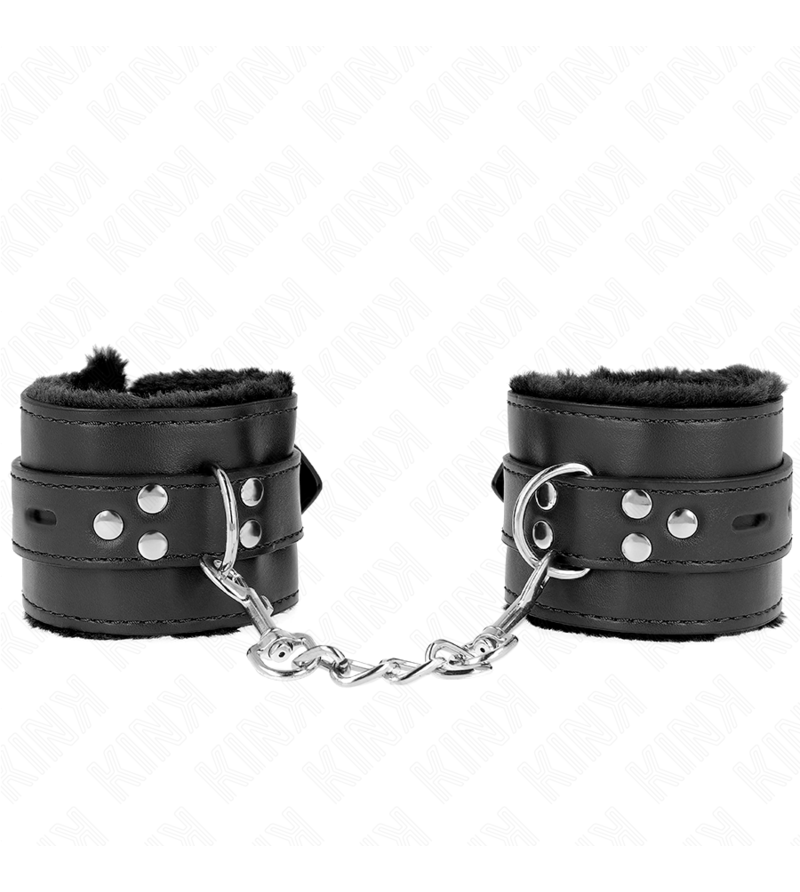 KINK - APPUI-POIGNETS DOUBLÉS DE FOURRURE AVEC TROUS CARRÉS NOIR ET CEINTURE NOIRE RÉGLABLE 17-29 CM X 6 CM