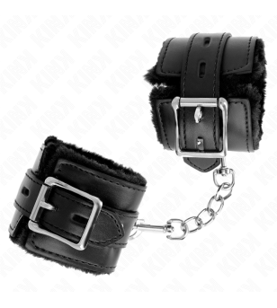 KINK - APPUI-POIGNETS DOUBLÉS DE FOURRURE AVEC TROUS CARRÉS NOIR ET CEINTURE NOIRE RÉGLABLE 17-29 CM X 6 CM