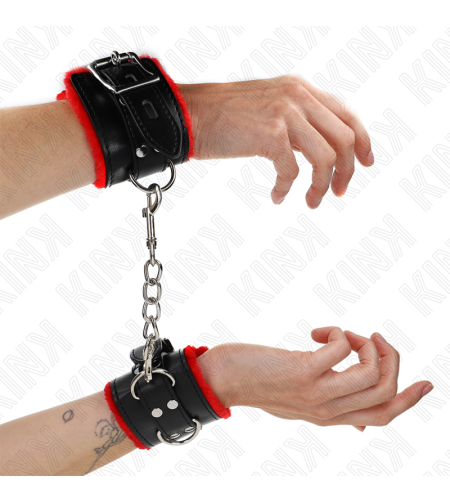 KINK - APPUI-POIGNETS DOUBLÉS DE FOURRURE AVEC TROUS CARRÉS CEINTURE ROUGE ET NOIRE RÉGLABLE 17-29 CM X 6 CM