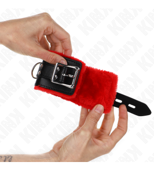 KINK - APPUI-POIGNETS DOUBLÉS DE FOURRURE AVEC TROUS CARRÉS CEINTURE ROUGE ET NOIRE RÉGLABLE 17-29 CM X 6 CM