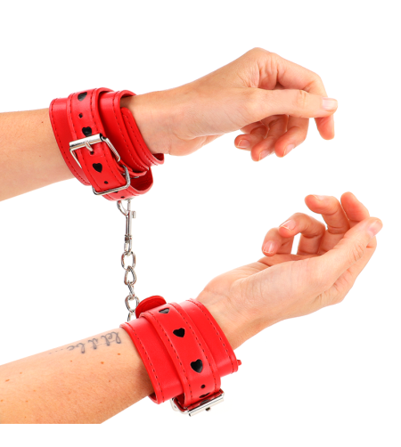 KINK - APPAREILS-POIGNETS ROUGES AVEC INCRUSTATION COEUR NOIR RÉGLABLE 21-28 CM X 5,5 CM