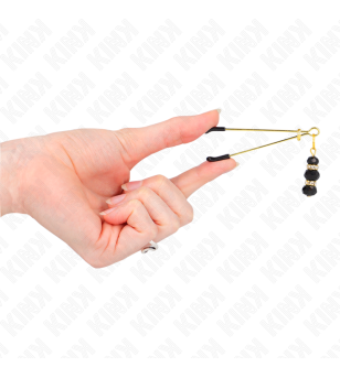 KINK - PINCES À TETON FINES OR AVEC 3 BILLES DE VERRE NOIR 7 CM