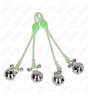 KINK - PINCES À TETON LUMINEUSES CRÂNE AVEC ANNEAU CLOCHES RÉGLABLES VERT / ARGENT