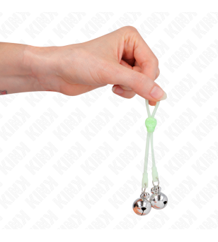 KINK - PINCES À TETON LUMINEUSES CRÂNE AVEC ANNEAU CLOCHES RÉGLABLES VERT / ARGENT