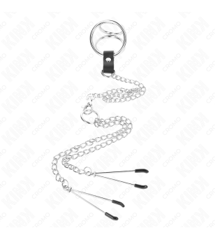 KINK - ANNEAU PÉNIS EN MÉTAL TRIPLE CHROME 3,8 CM À 5 CM AVEC CHAÎNE EN MÉTAL DE 26 CM ET PINCES À TÉTONS MODÈLE 2