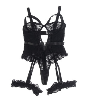 SUBBLIME - TEDDY AVEC JARRETIÈRE AVEC DÉTAIL DENTELLE ET BANDES NOIR L/XL