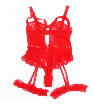 SUBBLIME - TEDDY AVEC JARRETIÈRE AVEC DÉTAIL DENTELLE ET BANDES ROUGE L/XL