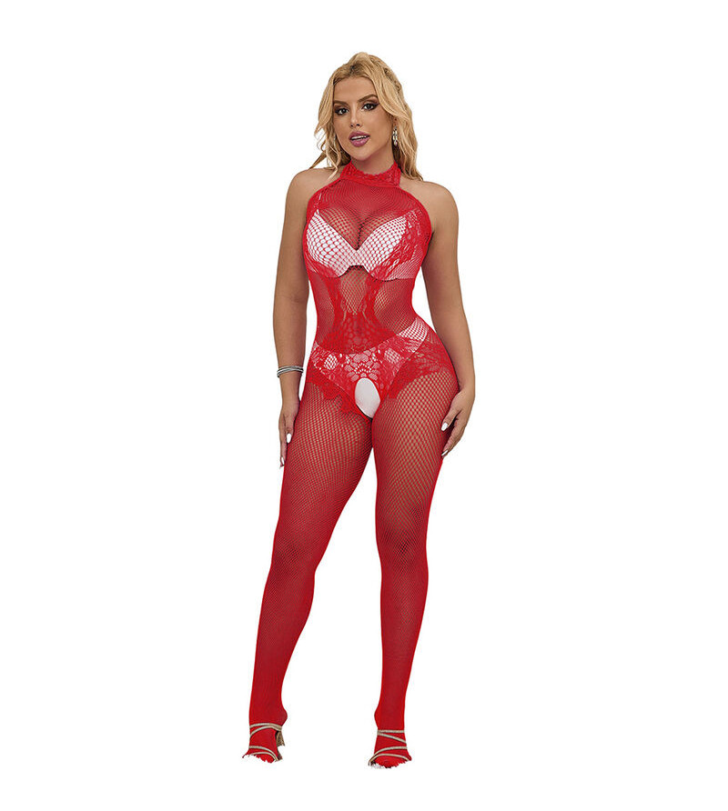 SUBBLIME - 952372 BODYSTOCKING RÉSILLE ET DENTELLE SANS FOURRURE COL MONTANT ROUGE TAILLE UNIQUE