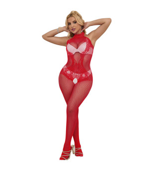 SUBBLIME - 952372 BODYSTOCKING RÉSILLE ET DENTELLE SANS FOURRURE COL MONTANT ROUGE TAILLE UNIQUE