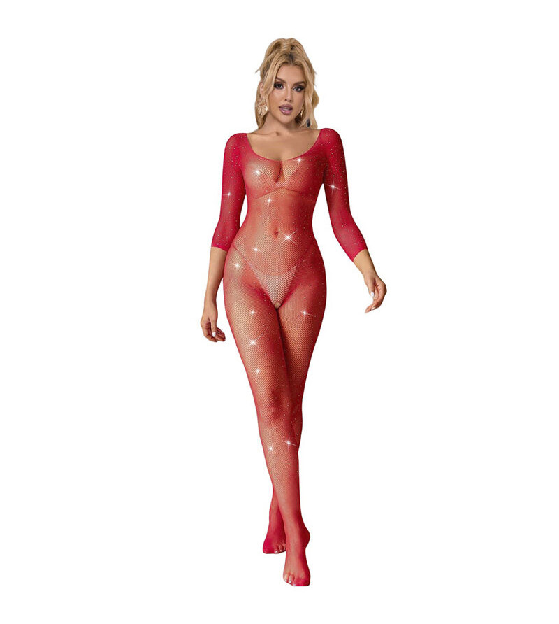 SUBBLIME - 952419 BODYSTOCKING RESILLE AVEC LOSANGES MANCHES LONGUES ROUGE TAILLE UNIQUE
