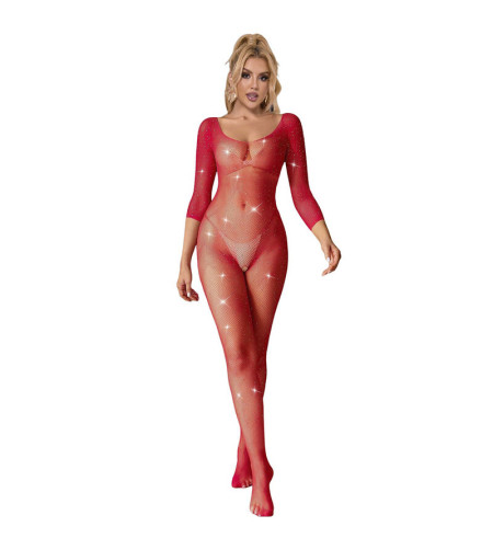 SUBBLIME - 952419 BODYSTOCKING RESILLE AVEC LOSANGES MANCHES LONGUES ROUGE TAILLE UNIQUE