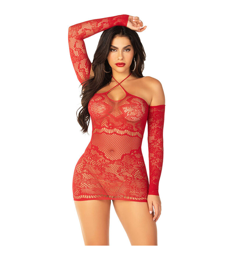 LEG AVENUE - ROBE MINI EN MAILLE À ÉPAULES DÉNUDÉES ET À MANCHES LONGUES ROUGE