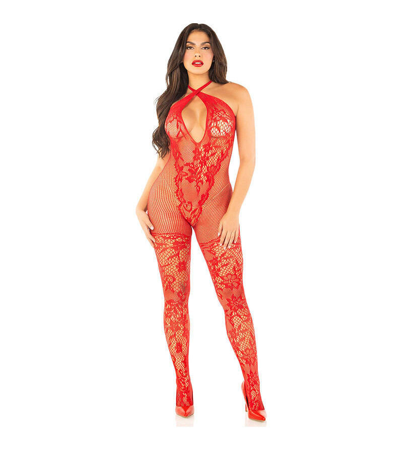 LEG AVENUE - BODYSTOCKING EN MAILLE IMPRIMÉ FLEURI ROUGE TAILLE UNIQUE