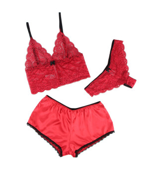 SUBBLIME - 953904 CHEMISIER DE NUIT EN SOIE ET DENTELLE + CULOTTE ROUGE L/XL